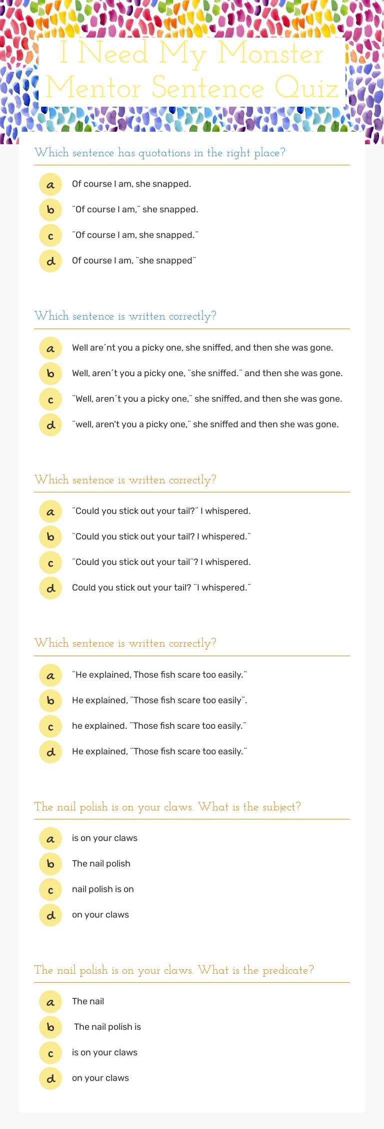 I Need My Monster Mentor Sentence Quiz worksheet preview image