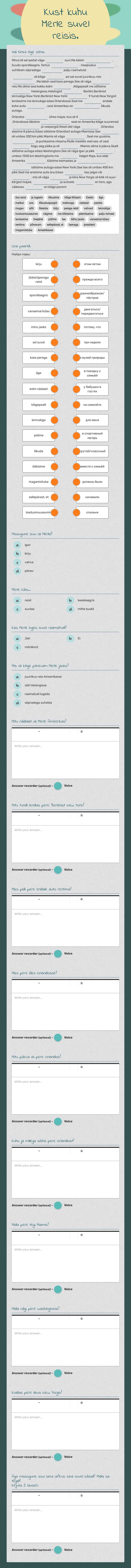 Kust kuhu Merle suvel reisis. worksheet preview image
