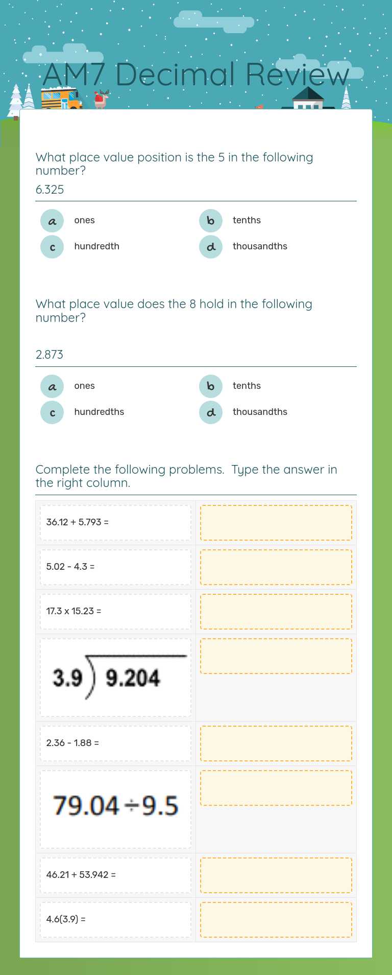 AM7 Decimal Review worksheet preview image