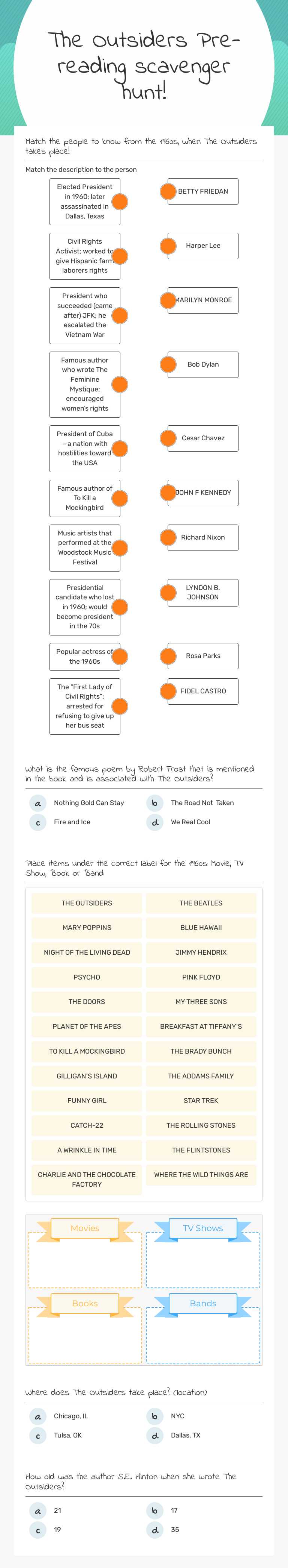The Outsiders
Pre-reading
scavenger hunt! worksheet preview