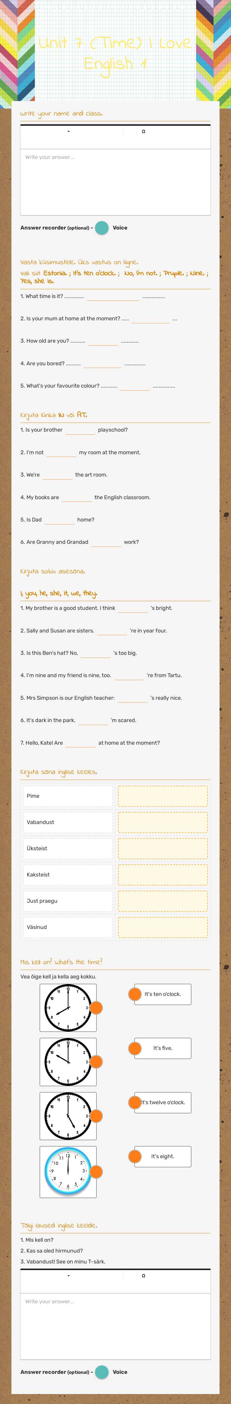 Unit 7 (Time)
I Love English 1 worksheet preview image