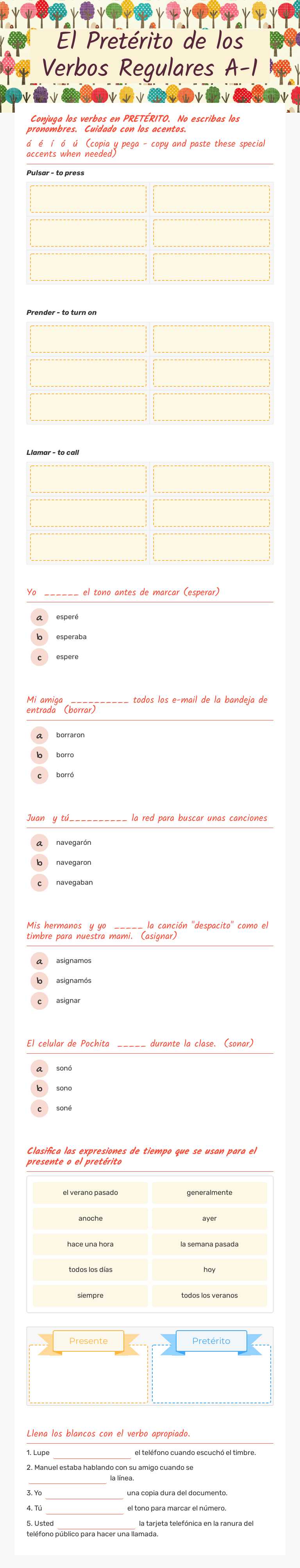 El Pretérito de los Verbos Regulares A-1 worksheet preview image