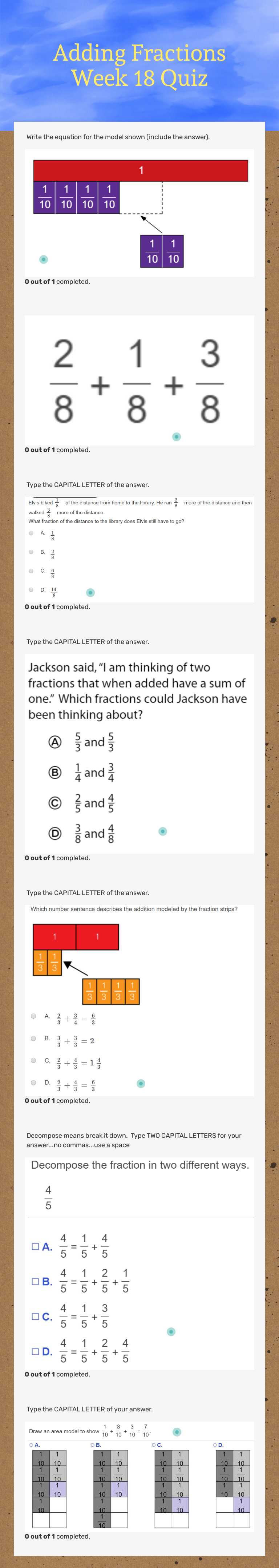 Adding Fractions Week 18 Quiz worksheet preview image