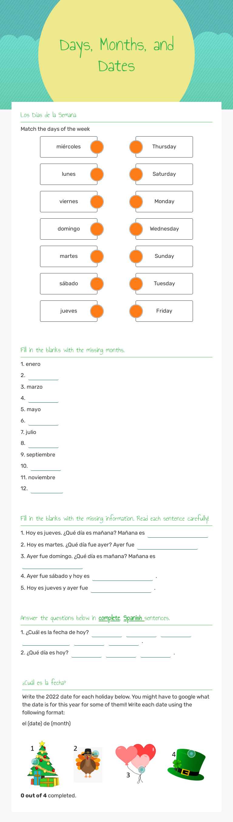 Days, Months, and Dates worksheet preview image