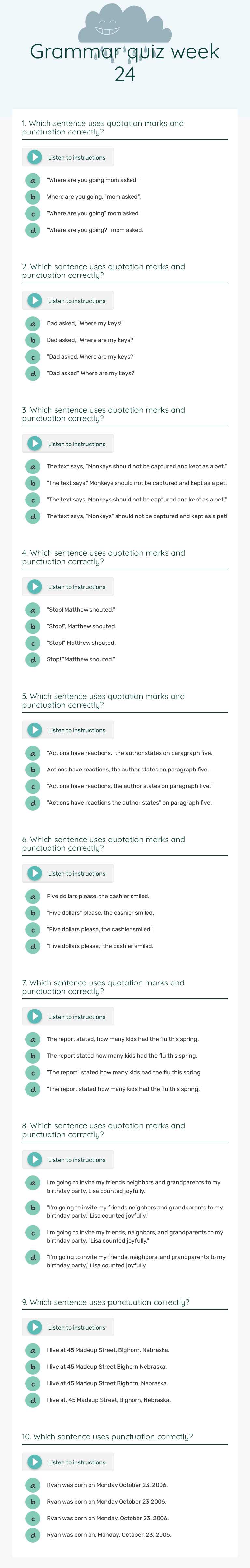 Grammar quiz week 24 worksheet preview image