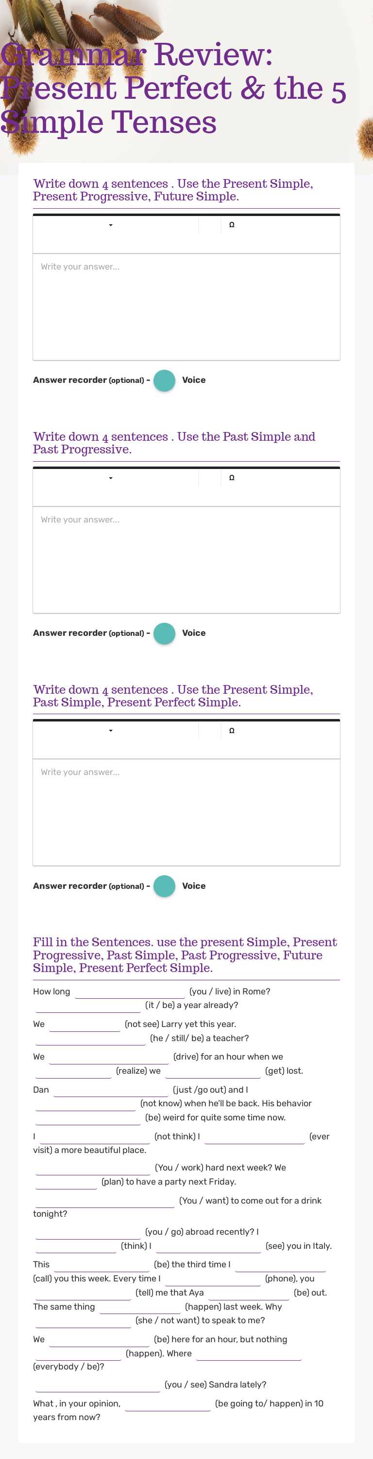 Grammar Review: Present Perfect & the 5 Simple Tenses worksheet preview image