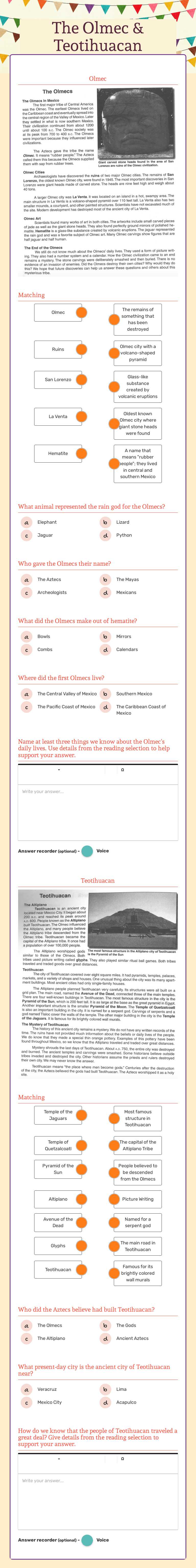 The Olmec & Teotihuacan Grade 6 worksheet preview