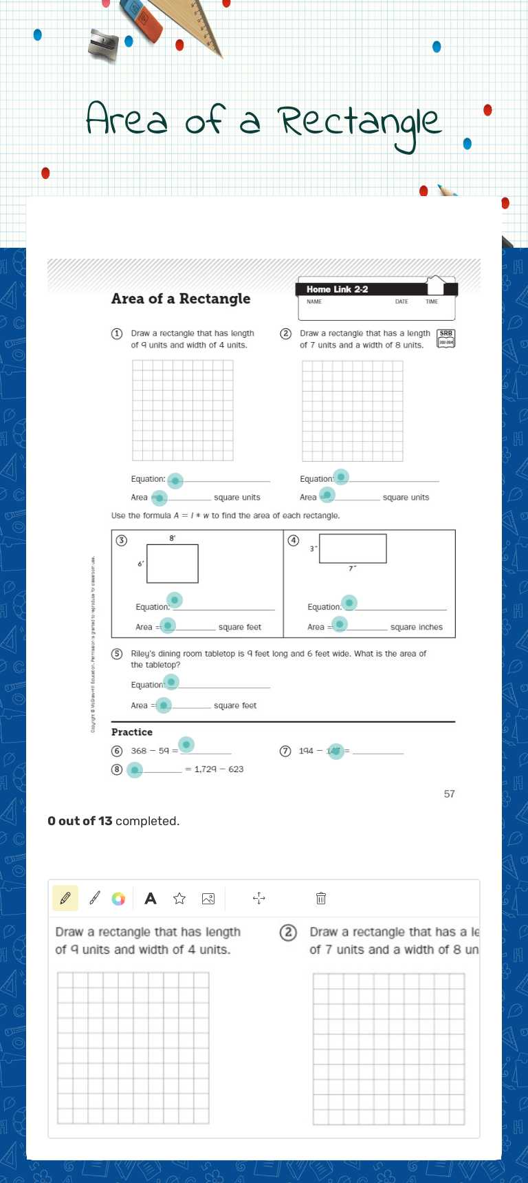 Area of a Rectangle worksheet preview image