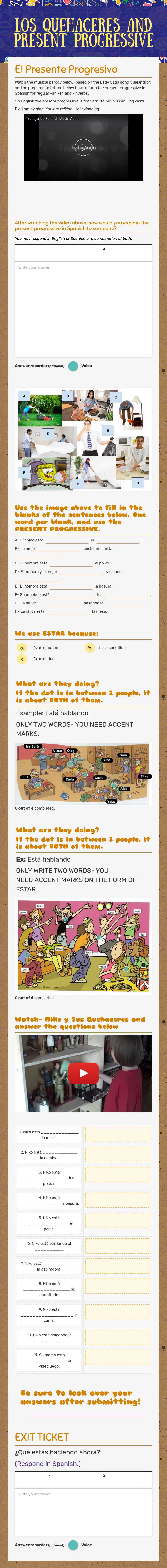 Los Quehaceres and Present Progressive worksheet preview image