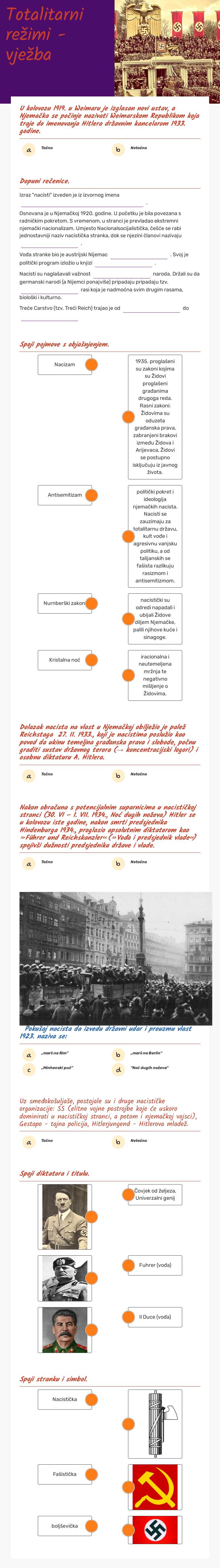 Totalitarni režimi - vježba Grade 8 worksheet preview