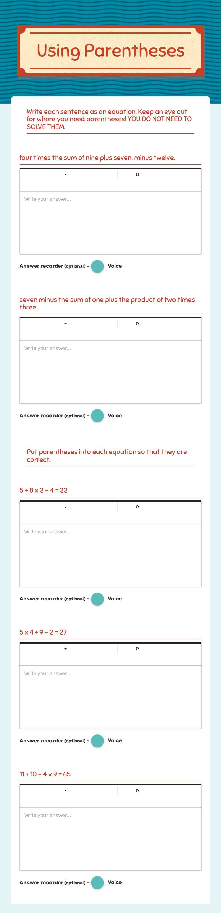 Using Parentheses worksheet preview image
