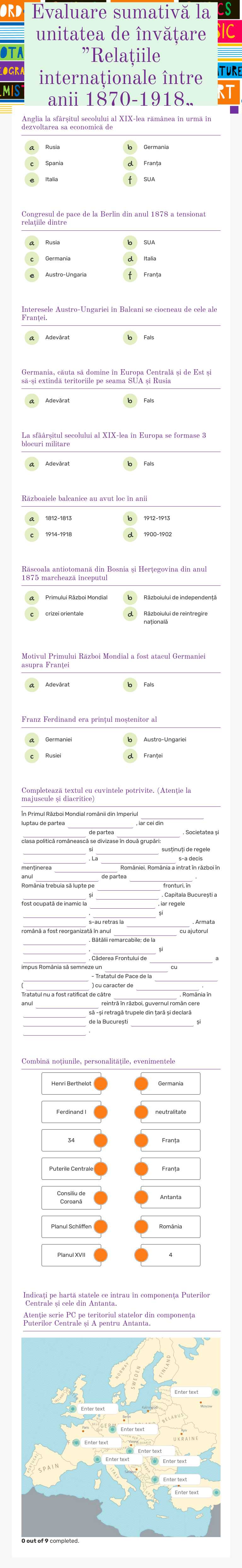 Evaluare sumativă la unitatea de învățare ”Relațiile internaționale între anii 1870-1918„ worksheet preview image