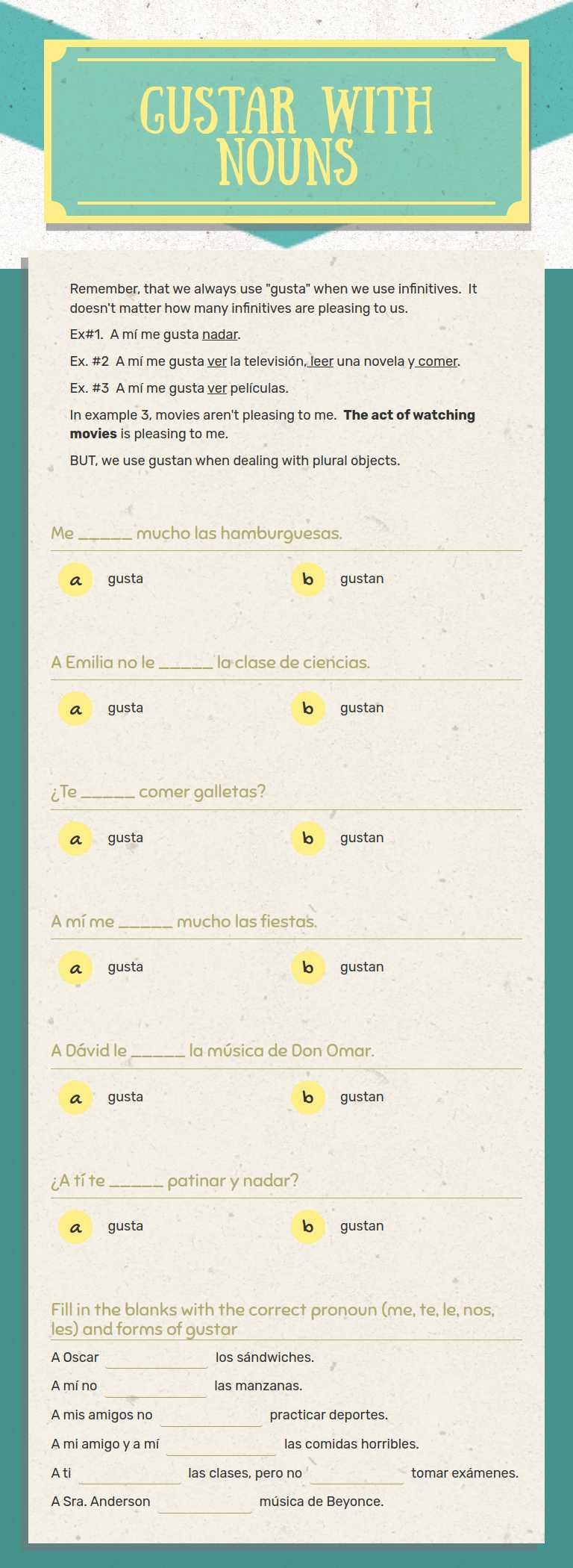 Gustar with nouns worksheet preview image