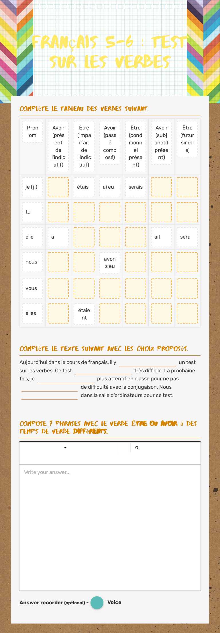Français 5-6 : Test sur les verbes worksheet preview image