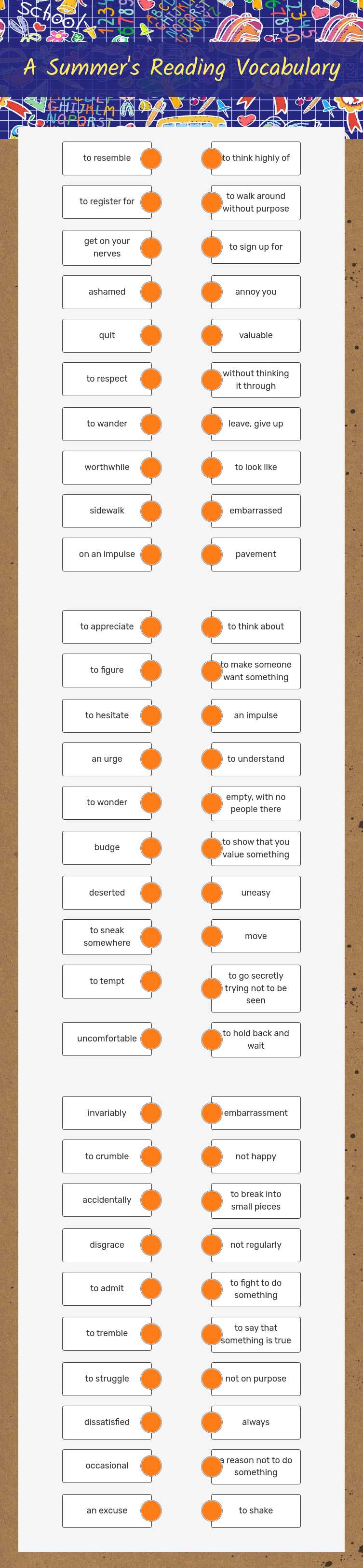 A Summer's Reading Vocabulary worksheet preview image