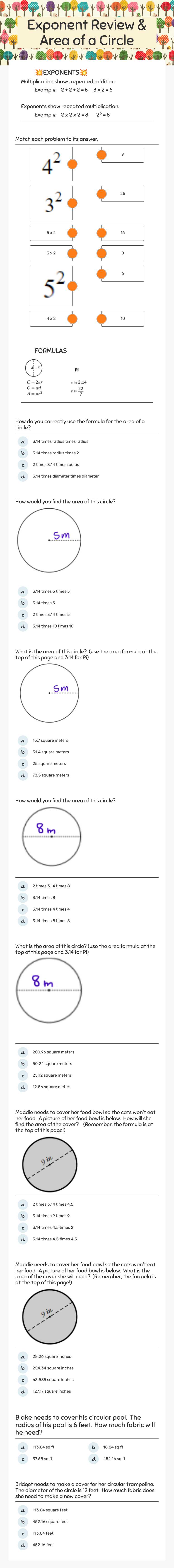 Exponent Review & Area of a Circle Grade 6 worksheet preview