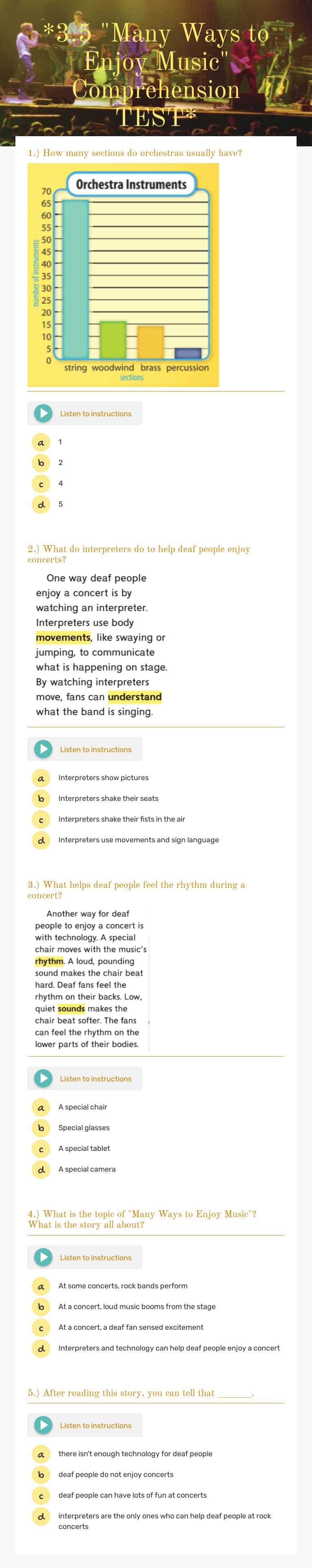 *3.5 "Many Ways to Enjoy Music" Comprehension TEST* worksheet preview image