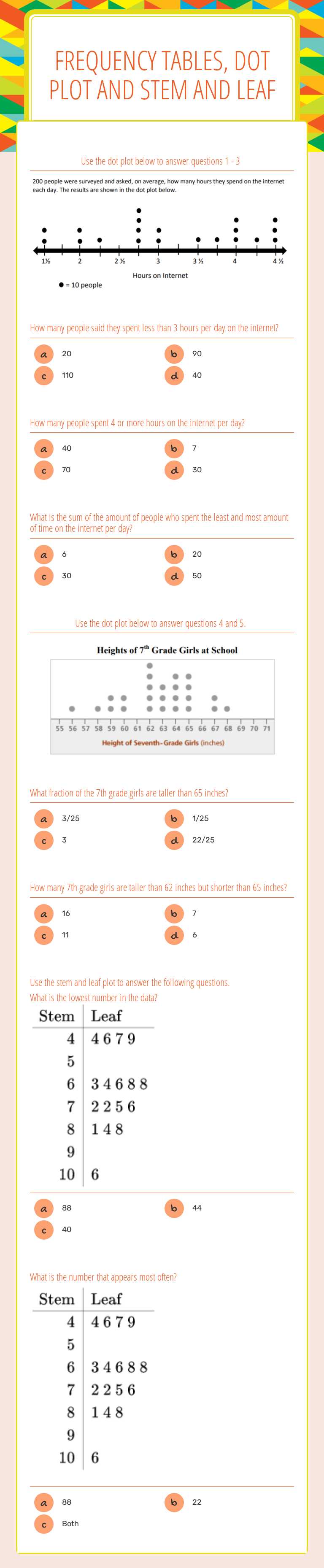 Master data with our frequency tables, dot plot, and stem leaf ...