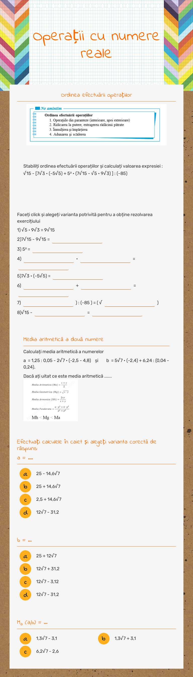 Operații cu numere reale worksheet preview image
