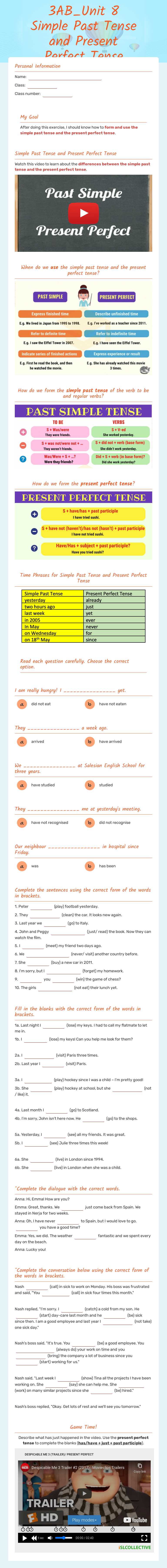 3AB_Unit 8 Simple Past Tense and Present Perfect Tense worksheet preview image