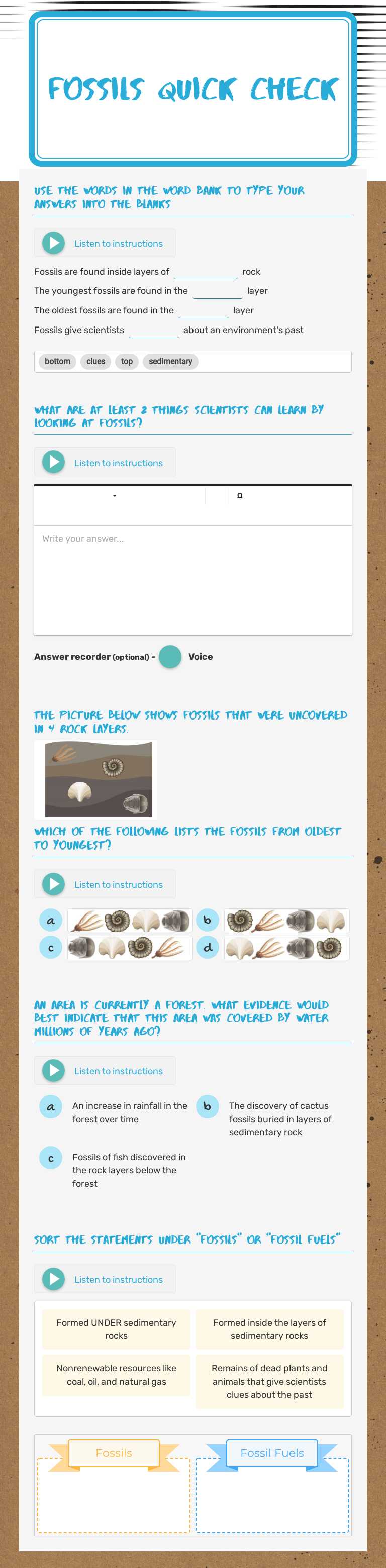 FOSSILS QUICK CHECK worksheet preview image