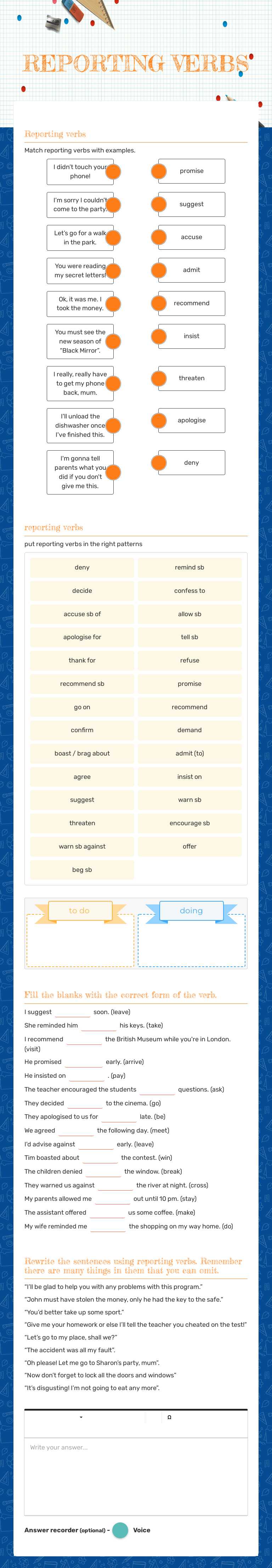 REPORTING VERBS worksheet preview image