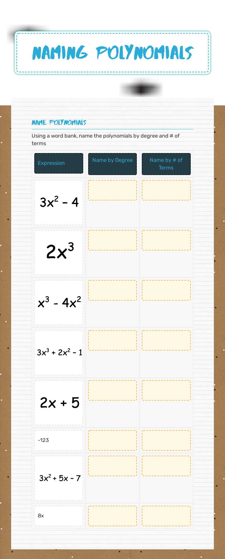 Naming Polynomials worksheet preview image