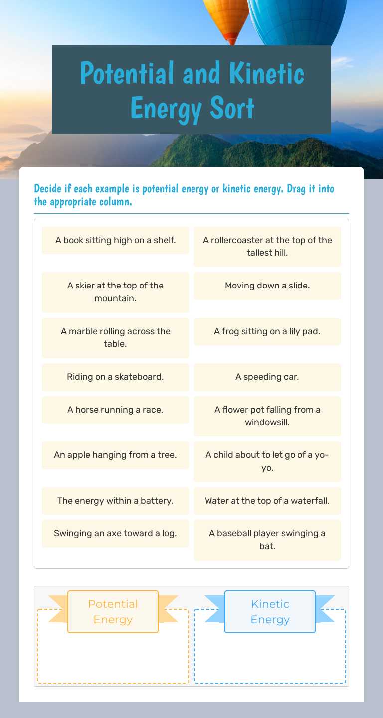 Potential and Kinetic Energy Sort Grade 4 worksheet preview