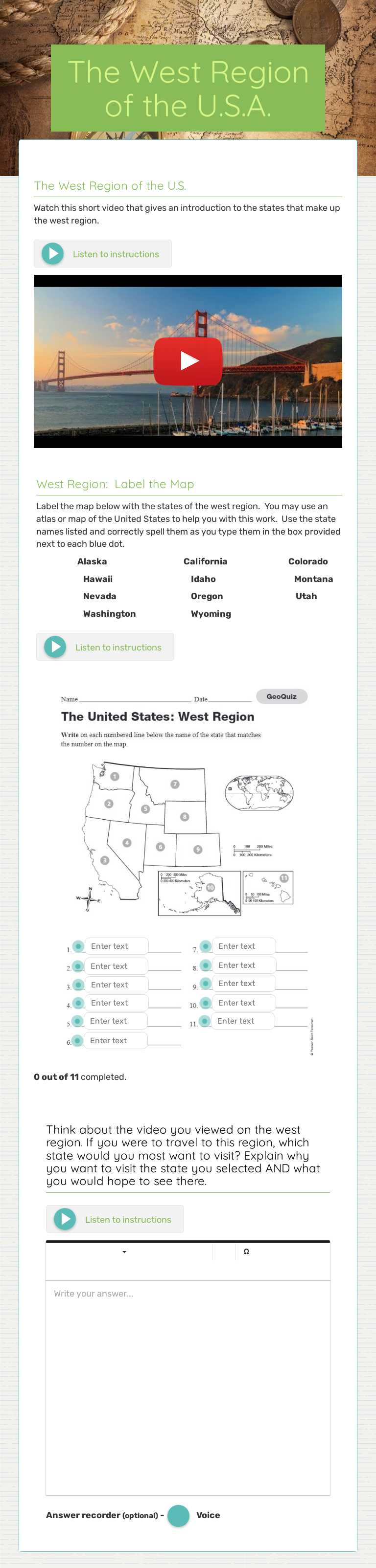 The West Region of the U.S.A. worksheet preview image