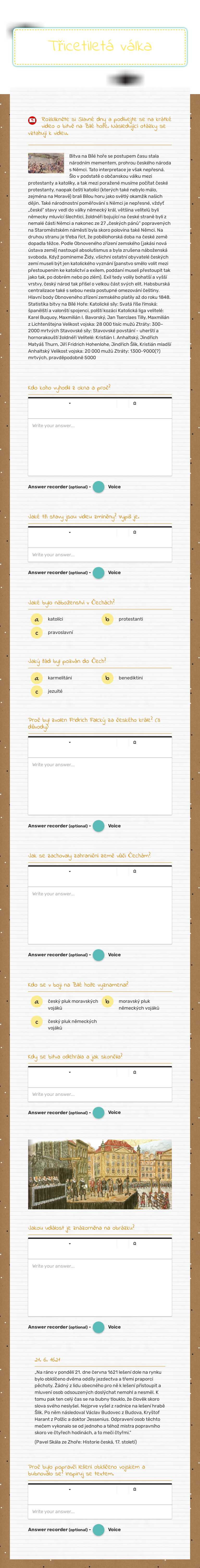 Třicetiletá válka worksheet preview image