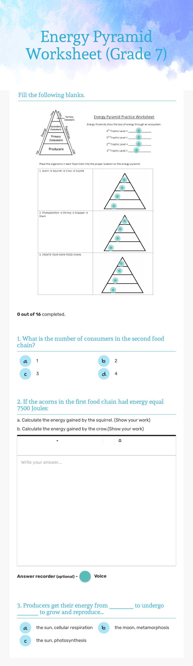 Energy Pyramid  Worksheet (Grade 7) worksheet preview image