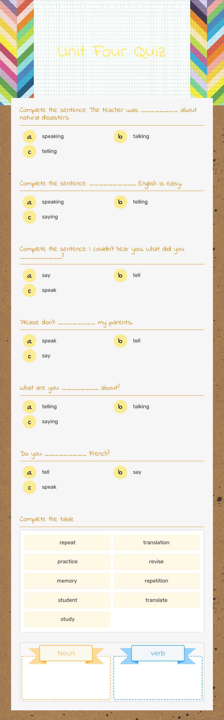 Unit Four Quiz worksheet preview image