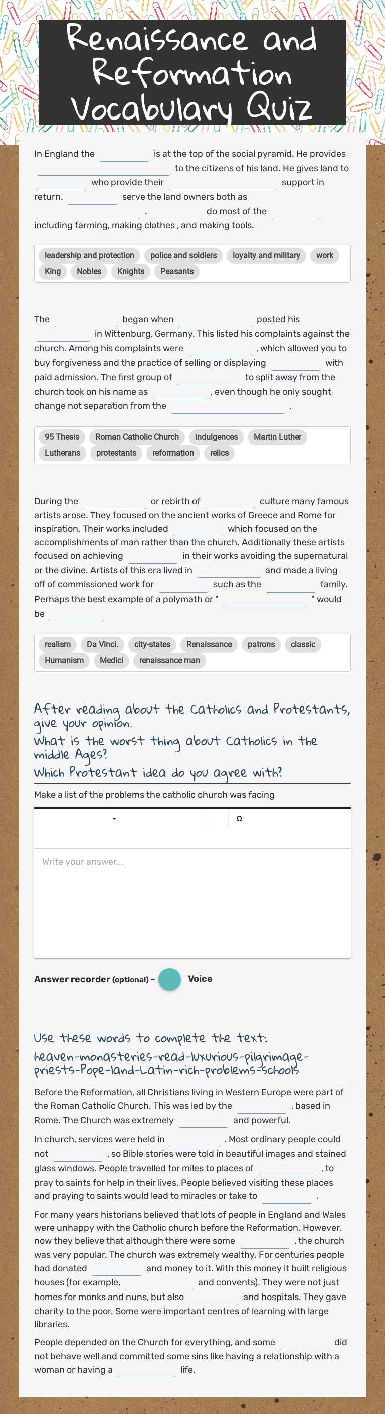 Renaissance and Reformation
Vocabulary Quiz worksheet preview image
