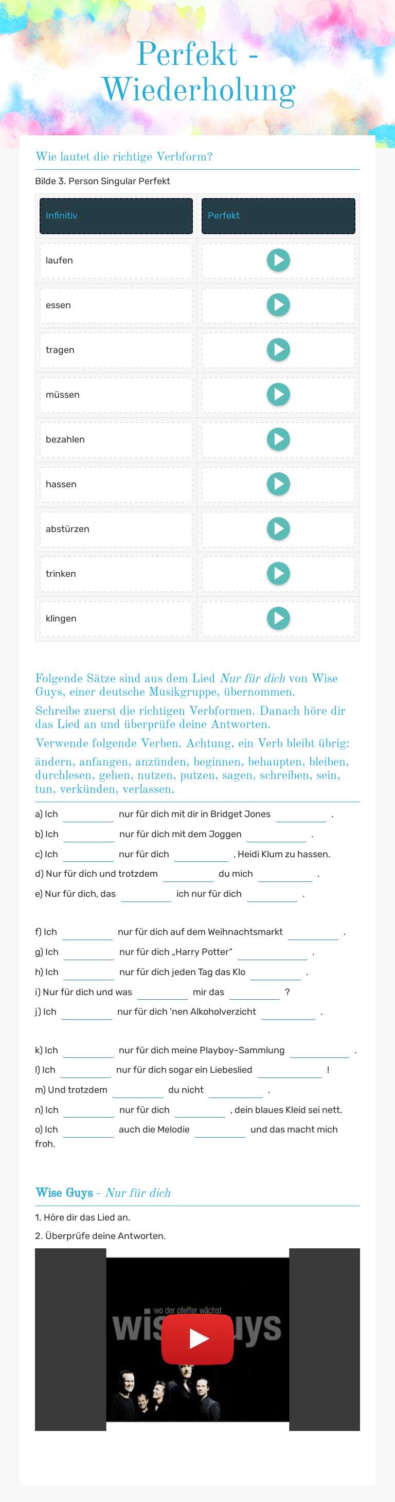 Perfekt - Wiederholung worksheet preview image