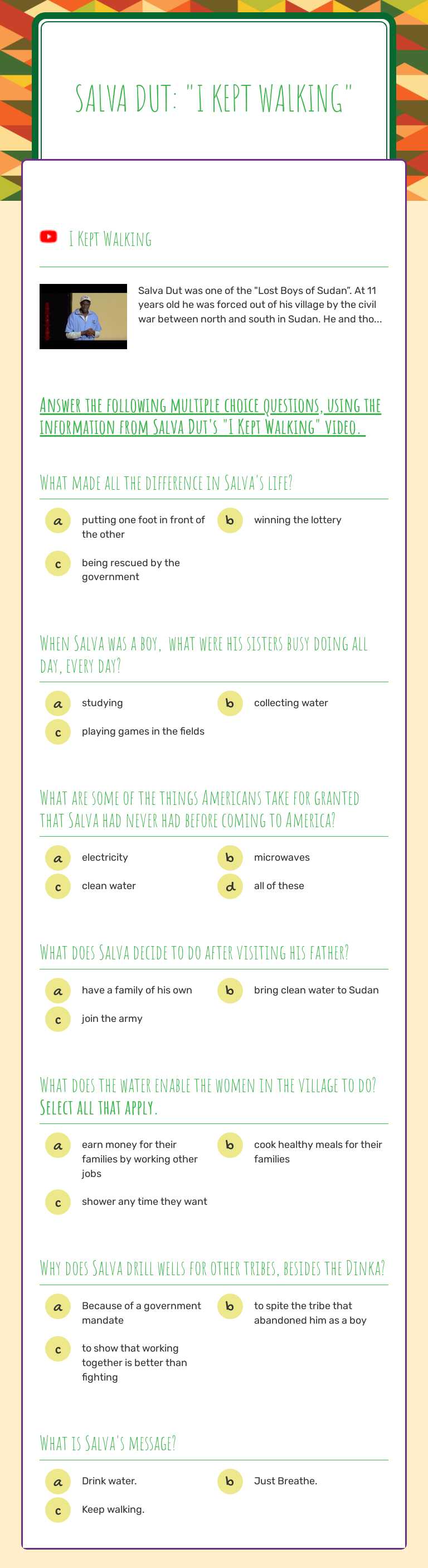 Salva Dut: "I Kept Walking" Grade 7 worksheet preview