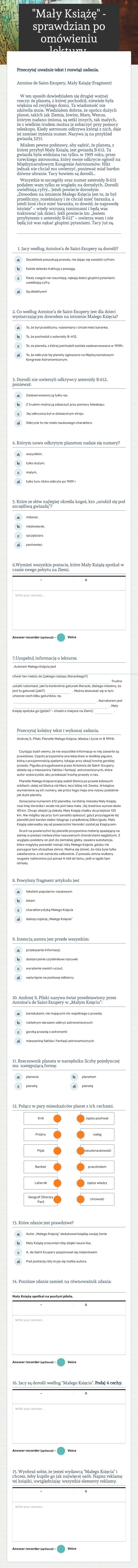 "Mały Książę" - sprawdzian po omówieniu lektury. worksheet preview image