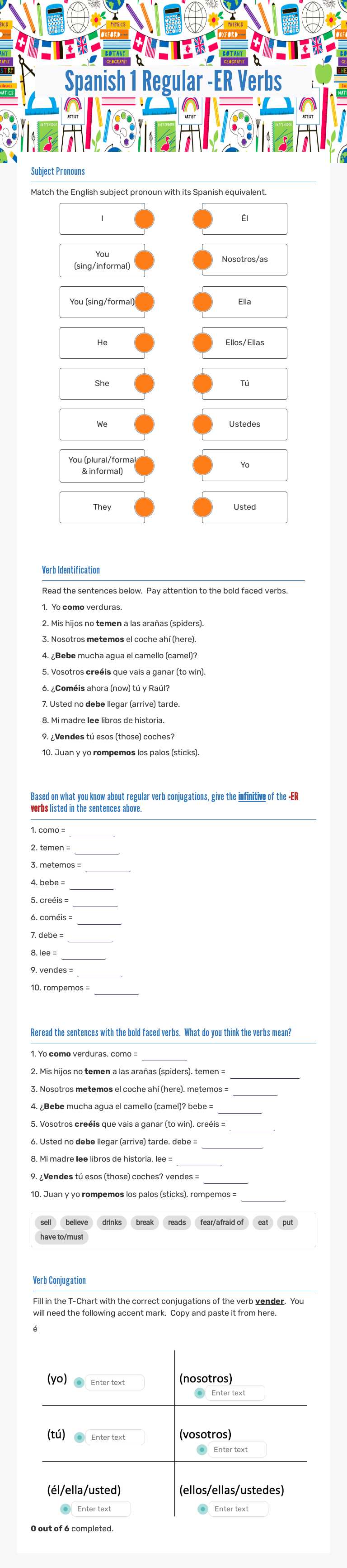 Spanish 1 Regular -ER Verbs Grade 8 worksheet preview