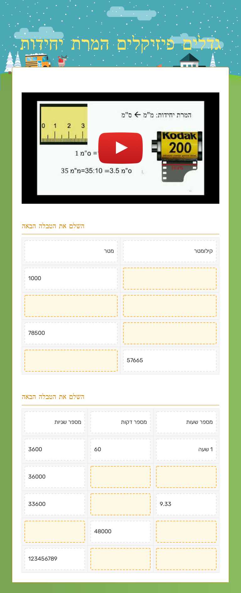 גדלים פיזיקלים המרת יחידות worksheet preview image