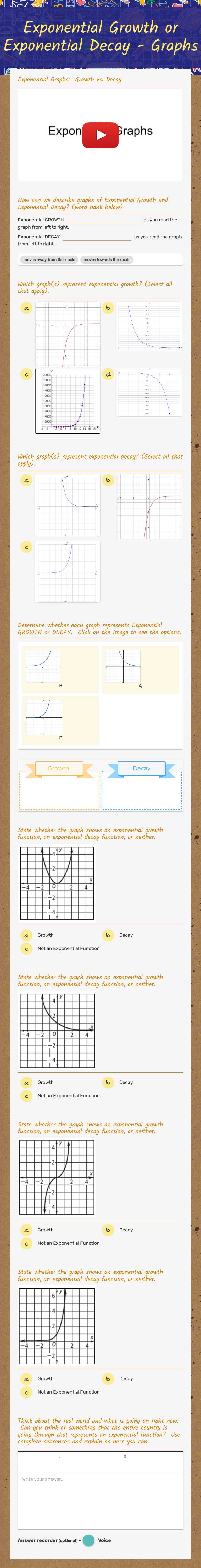 Exponential Growth or Exponential Decay - Graphs worksheet preview image