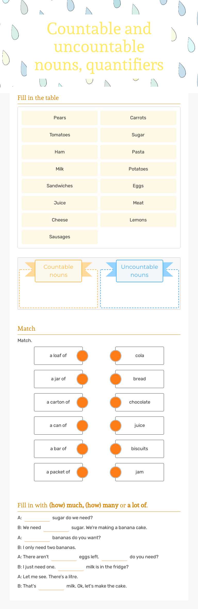 Countable and uncountable nouns, quantifiers worksheet preview image
