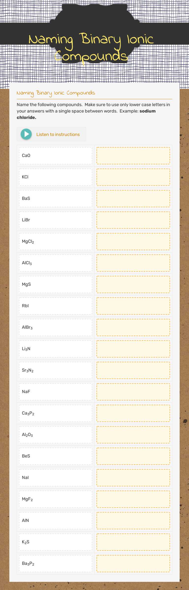 Naming Binary Ionic Compounds worksheet preview image