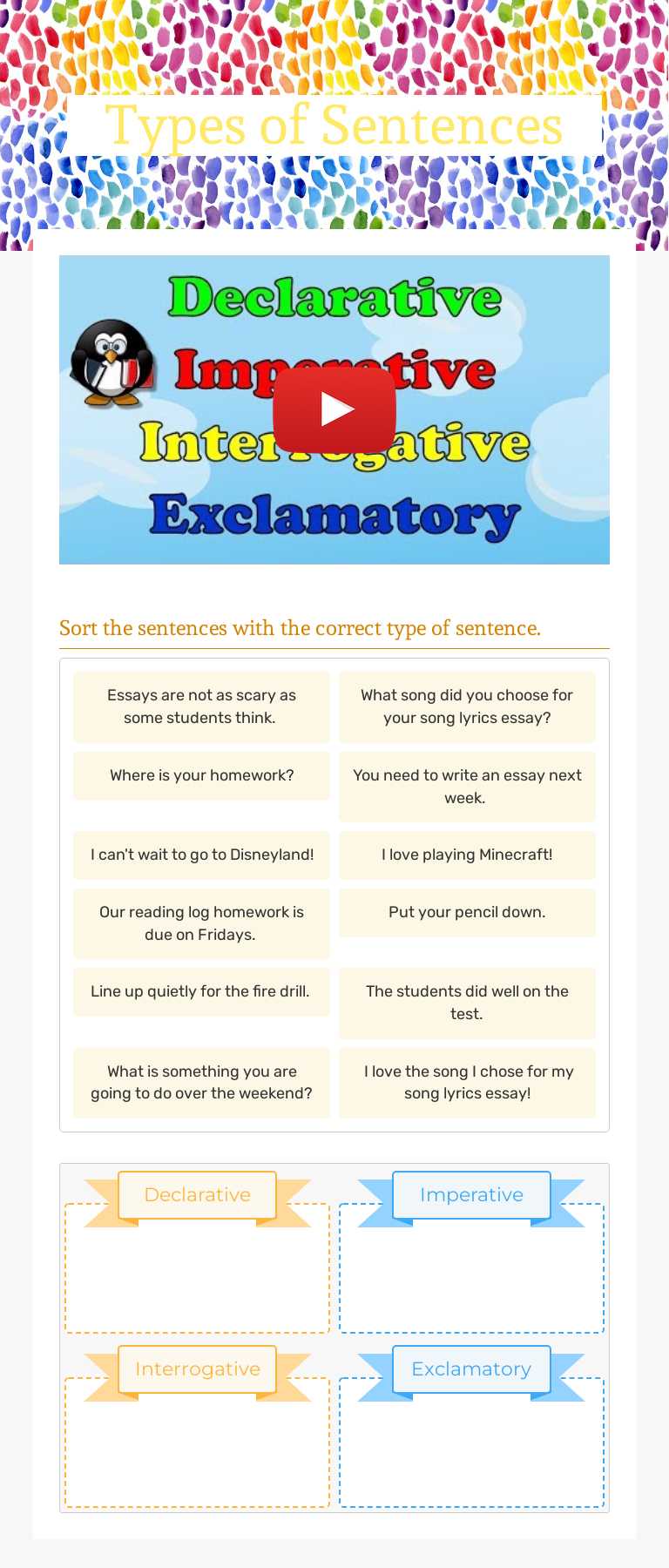 Types of Sentences Grade 4 worksheet preview