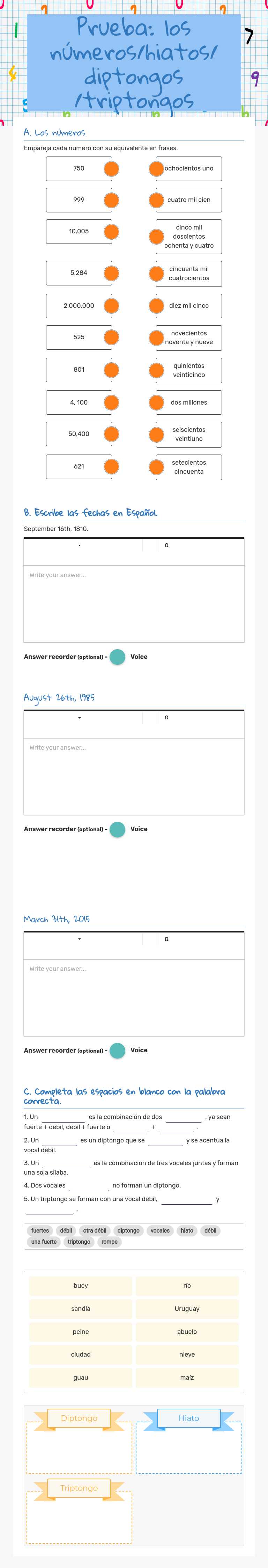 Prueba: los números/hiatos/ diptongos /triptongos worksheet preview image