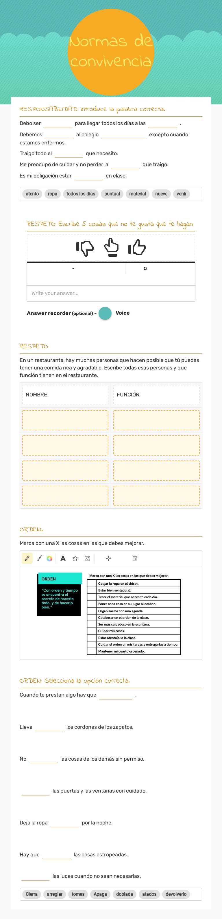 Normas de convivencia worksheet preview image