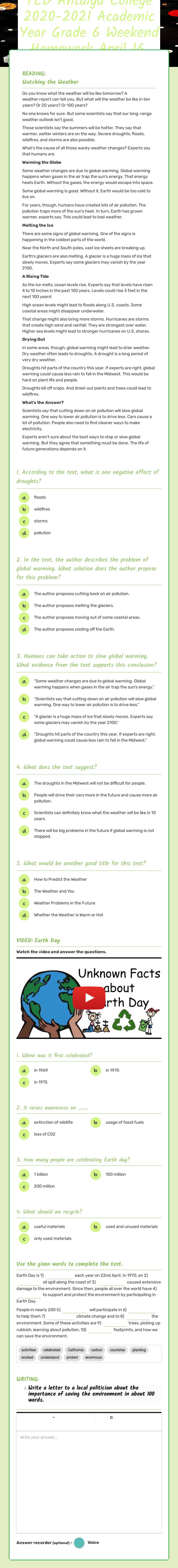 TED Antalya College 2021-2022 Academic Year Grade 6 Summer Holiday Worksheet 6 worksheet preview image