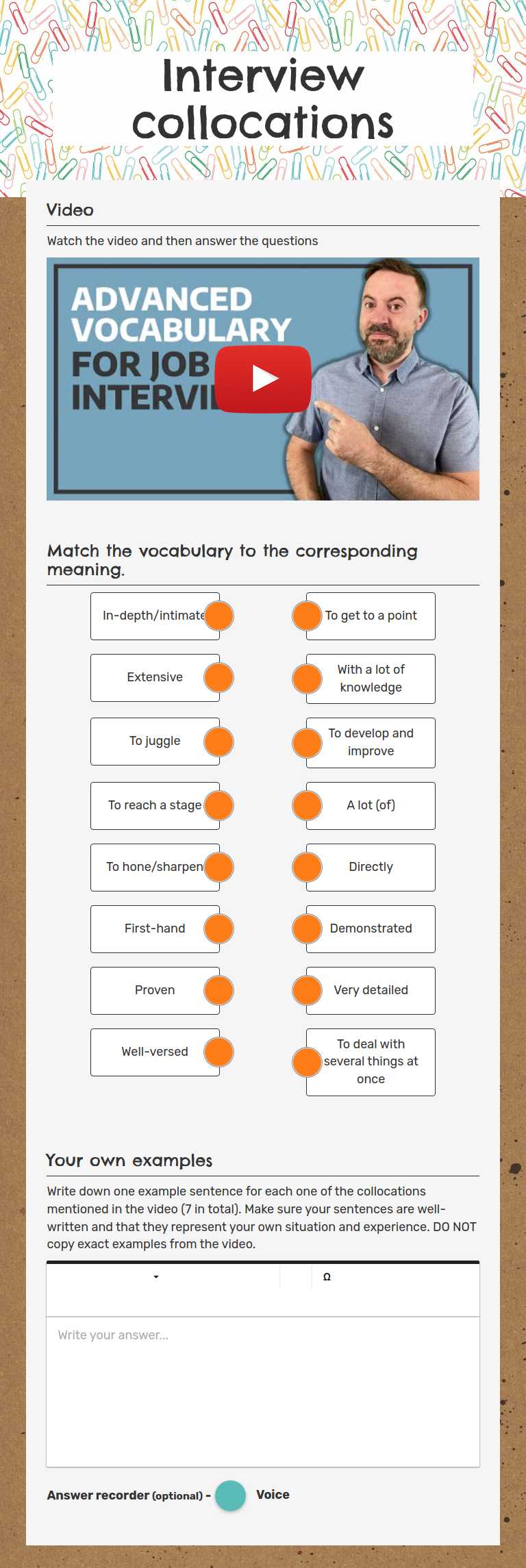 Interview collocations worksheet preview image