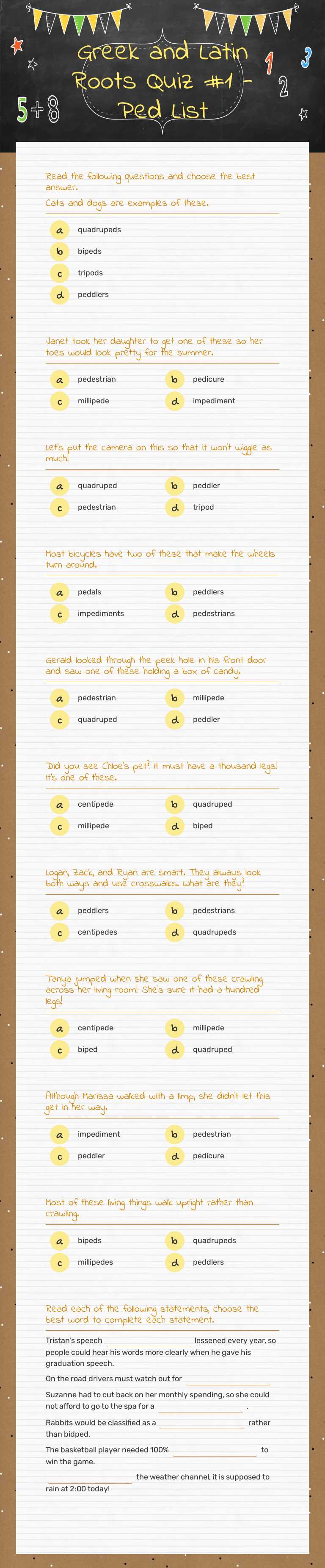 Greek and Latin Roots Quiz #1 -Ped List worksheet preview image