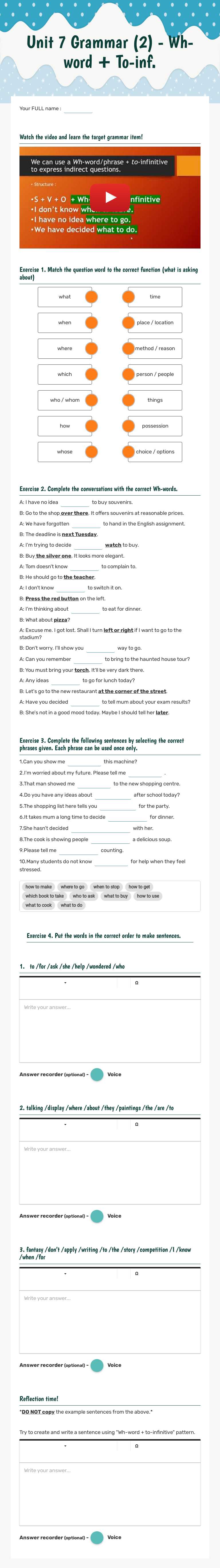 Unit 7 Grammar (2) - Wh-word + To-inf. worksheet preview image