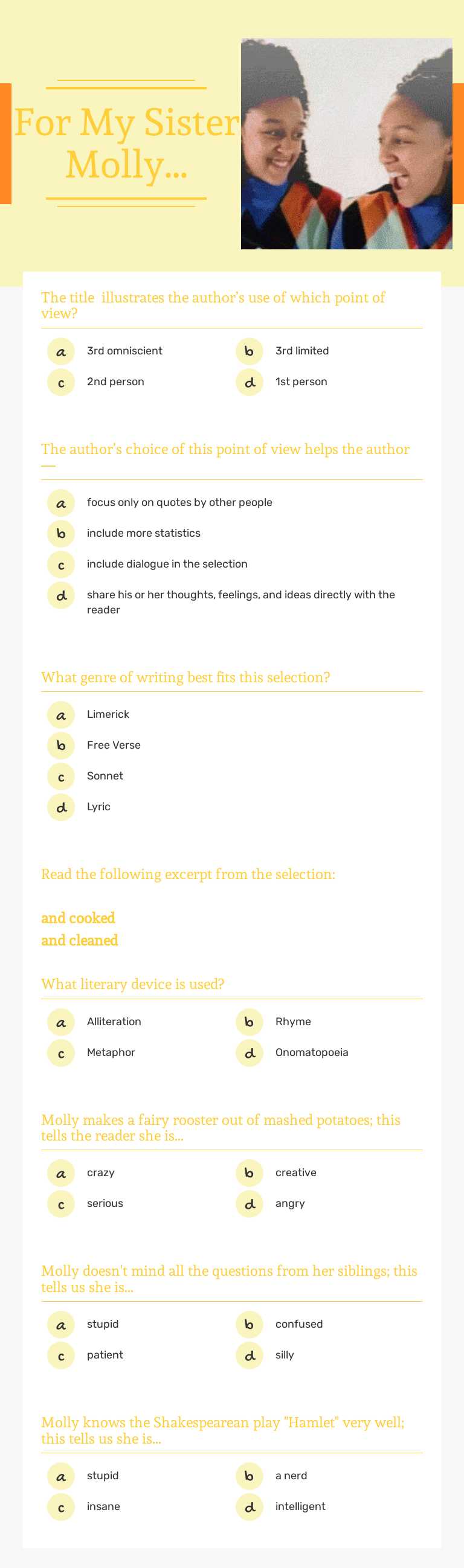 For My Sister Molly... Grade 8 worksheet preview
