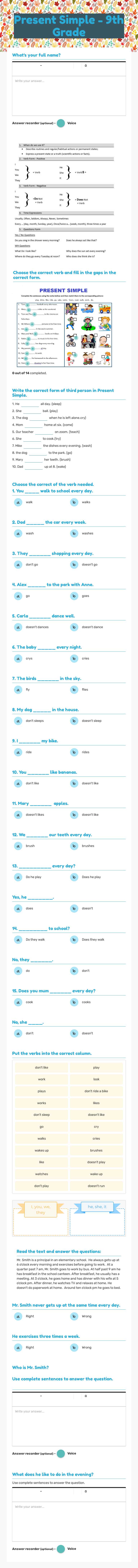 Present Simple - 9th Grade worksheet preview image